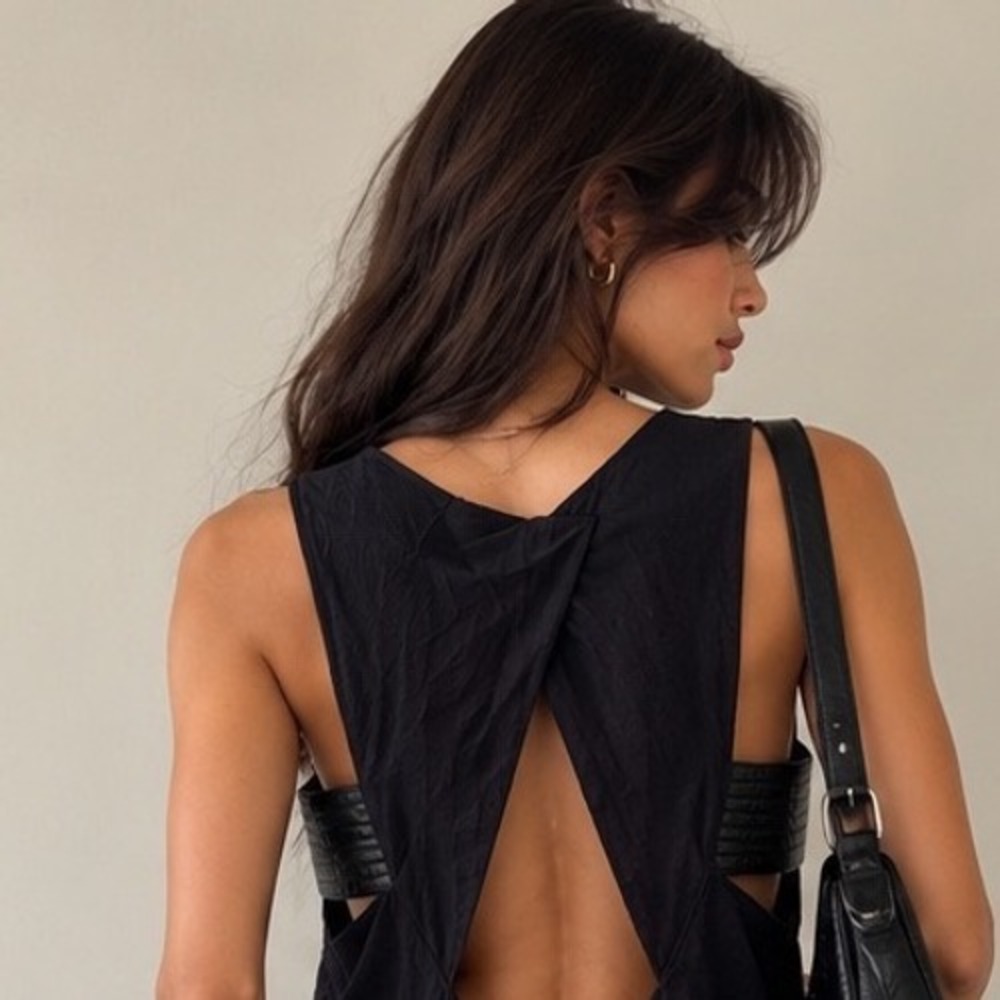 VEDA Navy‎ Rayon Sheep Leather Trim Open Back Sleeveless Tank Top XS - Picture 2 of 16